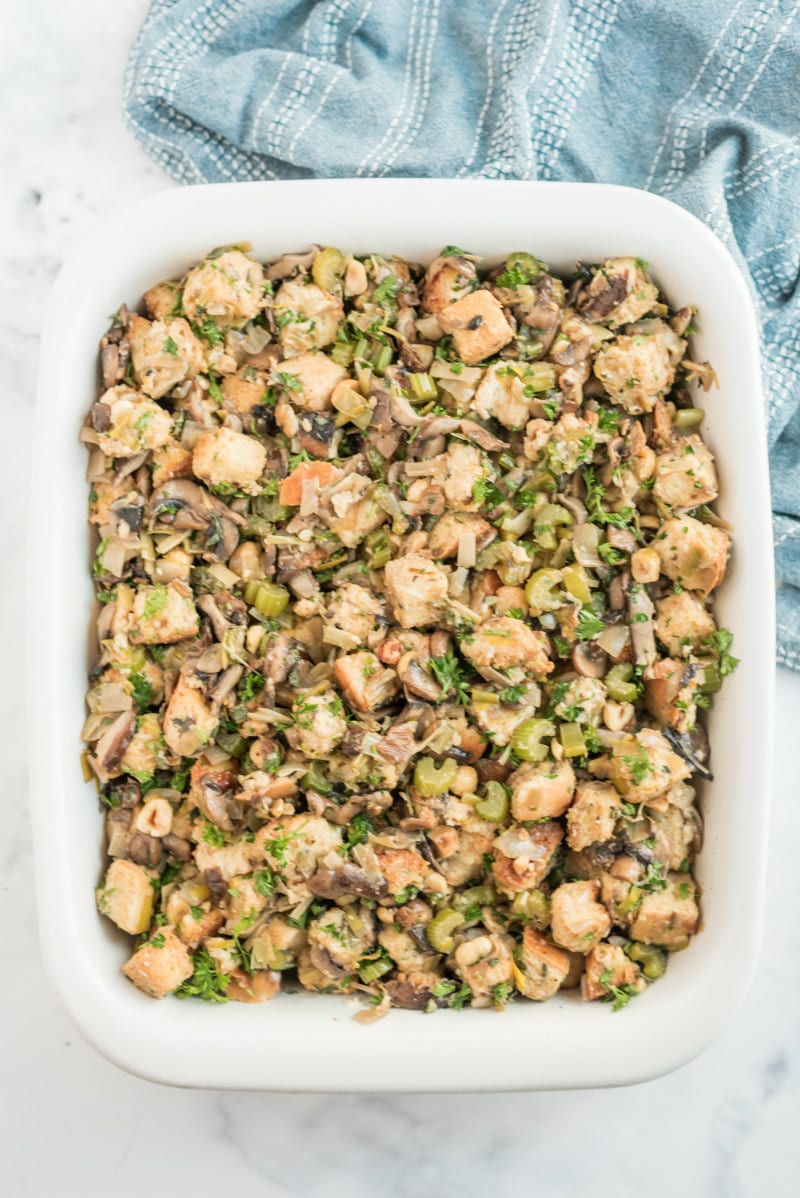 wild mushroom stuffing in dish ready for oven