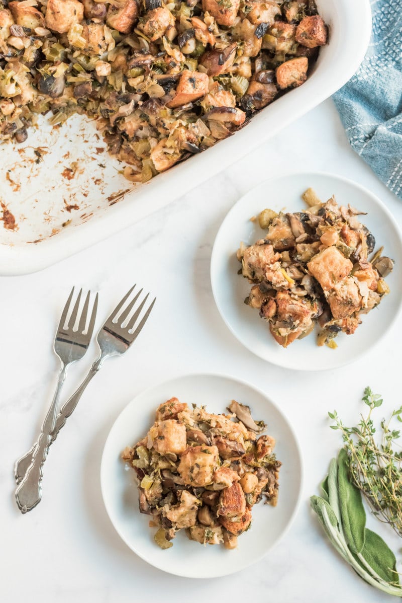 wild mushroom stuffing on serving plates