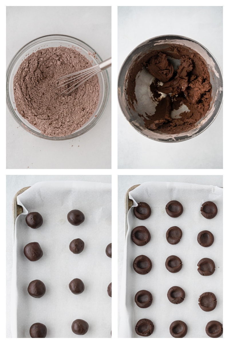 four photos showing how to make dough for chocolate thumbprint cookies