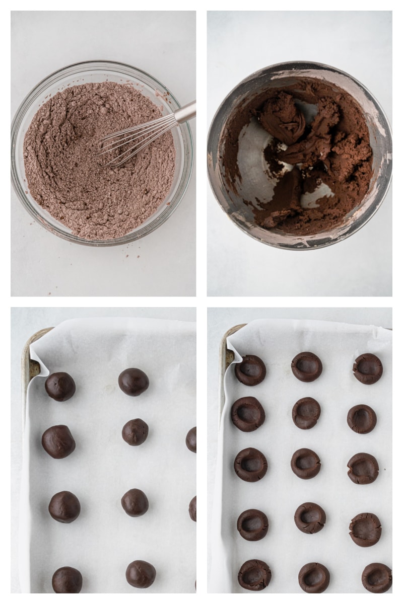four photos showing how to make dough for chocolate thumbprint cookies