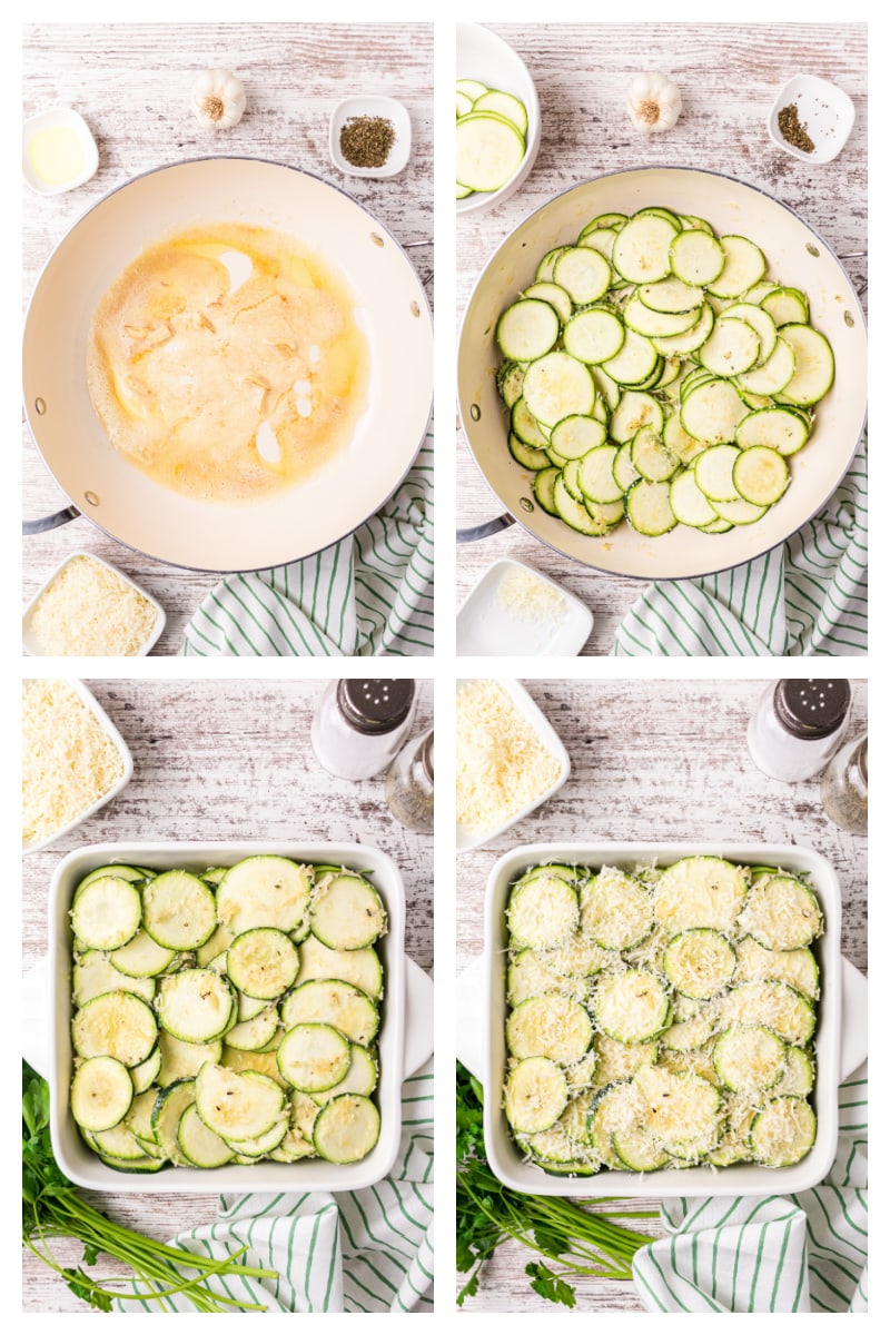 four photos showing how to make parmesan zucchini slices