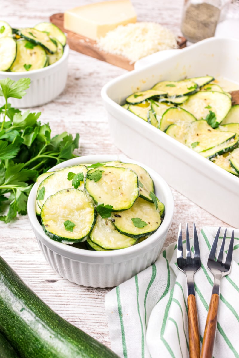 serving of zucchini slices in little white bowl