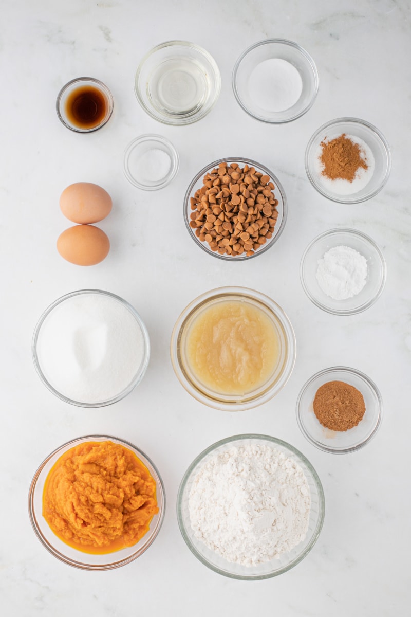 ingredients displayed for making pumpkin cinnamon chip muffins