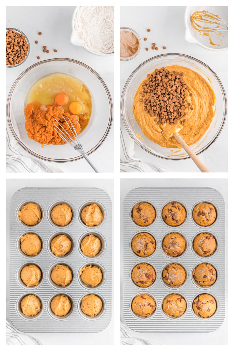 four photos showing how to make pumpkin cinnamon chip muffins