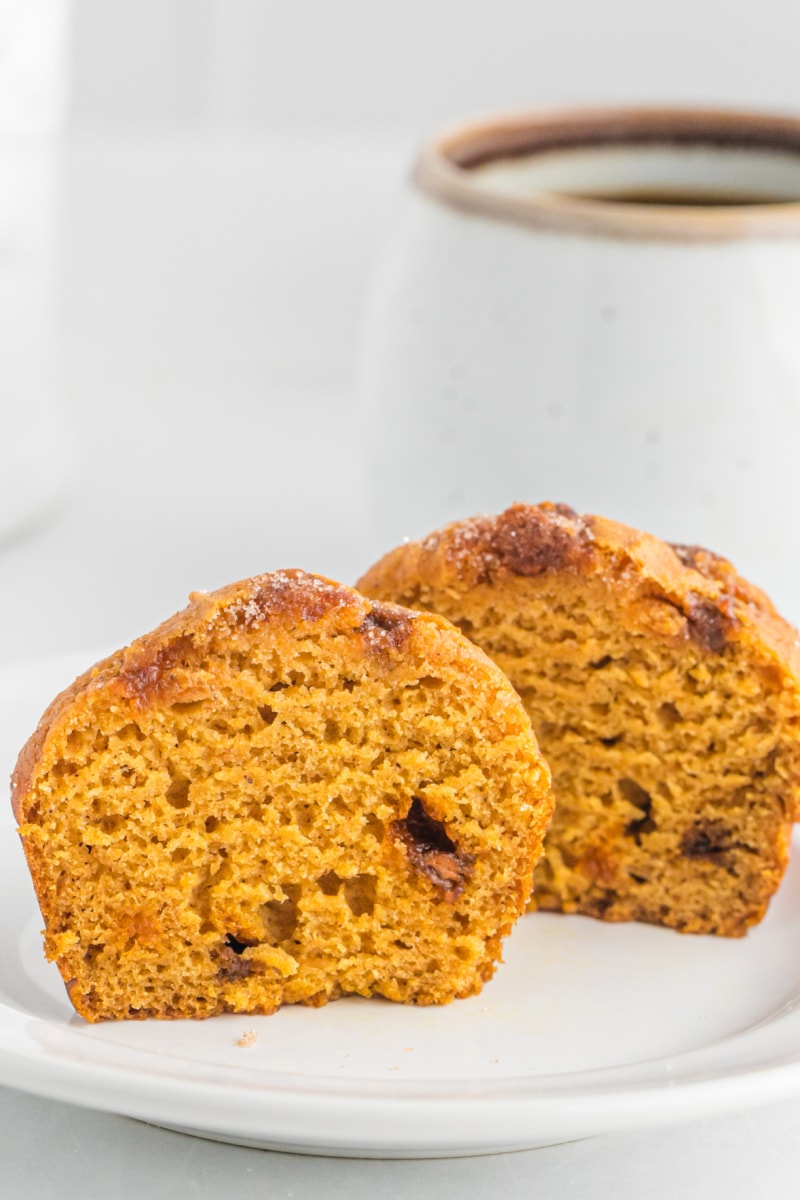 pumpkin cinnamon chip muffin cut open to see the inside