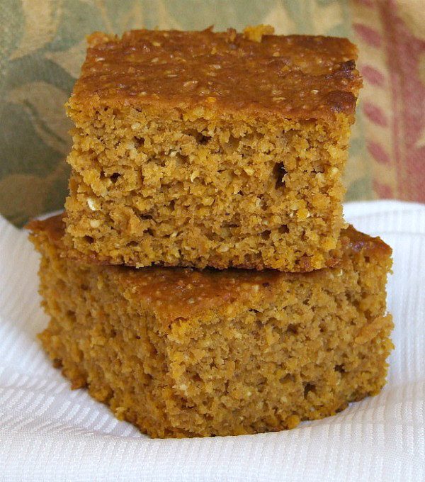 two slices of Pumpkin Cornbread stacked