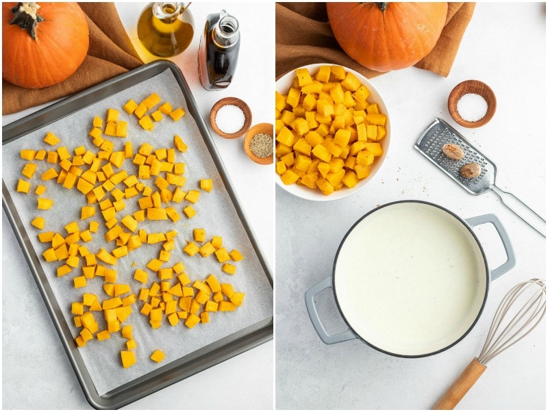 roasted pumpkin on baking sheet and bechamel sauce in pan