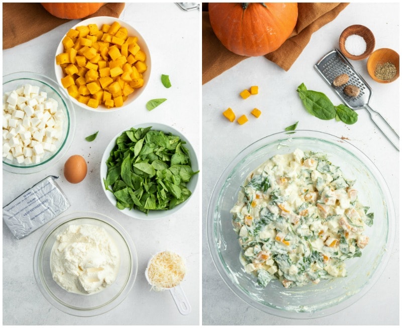 ingredients displayed for making the filling for pumpkin manicotti