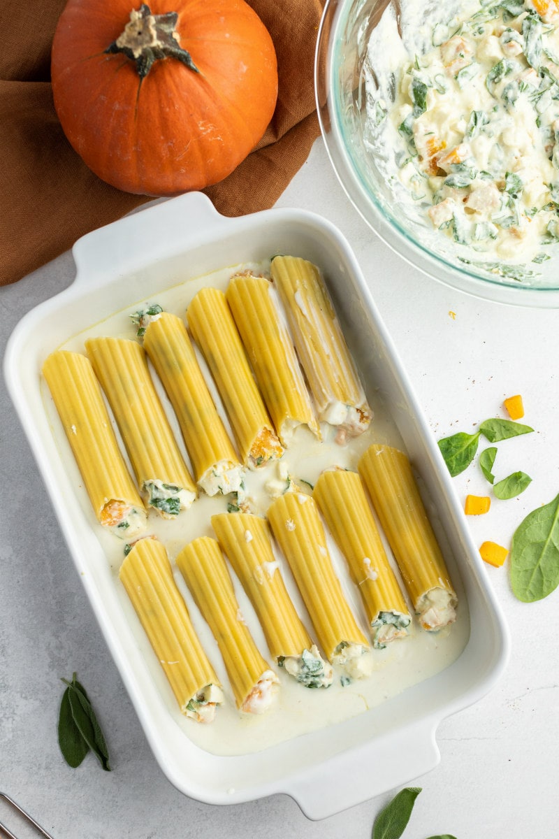 stuffed pumpkin manicotti in white baking dish waiting for sauce