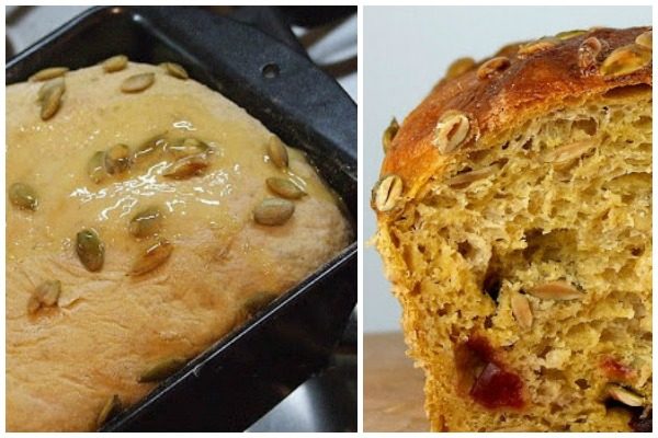 Oatmeal Pumpkin Seed Bread in pan and baked