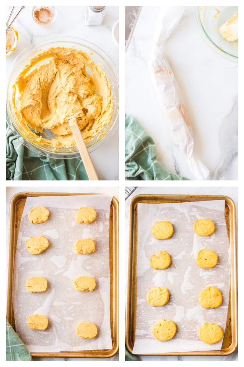 four photos showing how to make pumpkin shortbread cookies