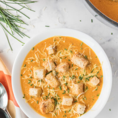 pumpkin soup with croutons and cheese