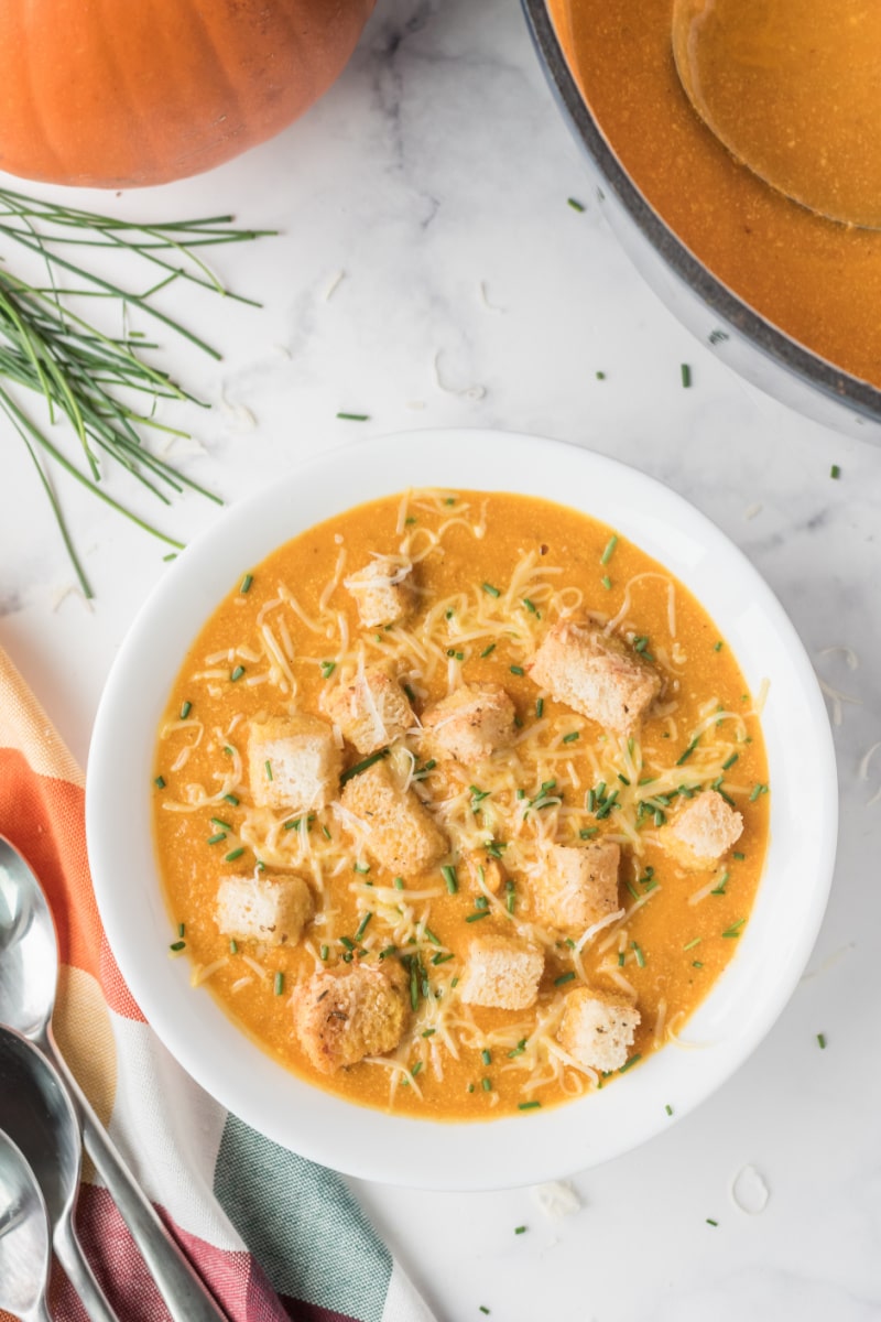 pumpkin soup with croutons and cheese