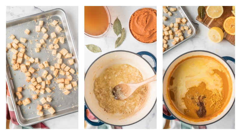 three photos croutons, onions in pot and then pumpkin soup