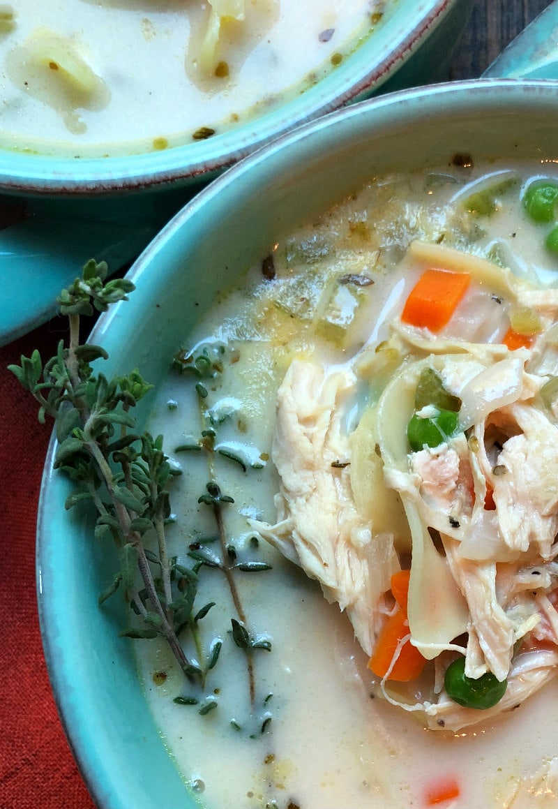 Roasted Chicken Noodle Soup recipe from RecipeGirl.com #roasted #chicken #noodle #soup #best #favorite #popular #recipe #RecipeGirl Bowl of Roasted Chicken Noodle Soup