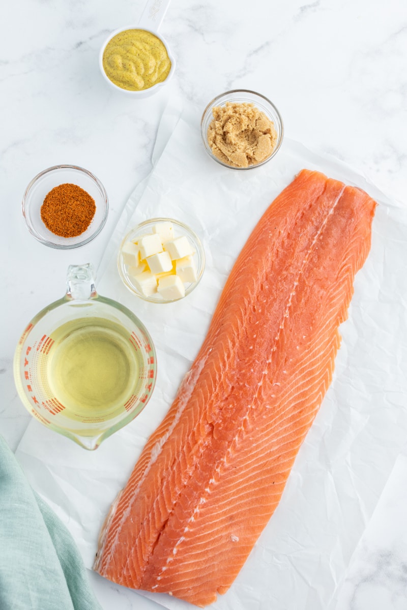 ingredients displayed for salmon with mustard and brown sugar glaze