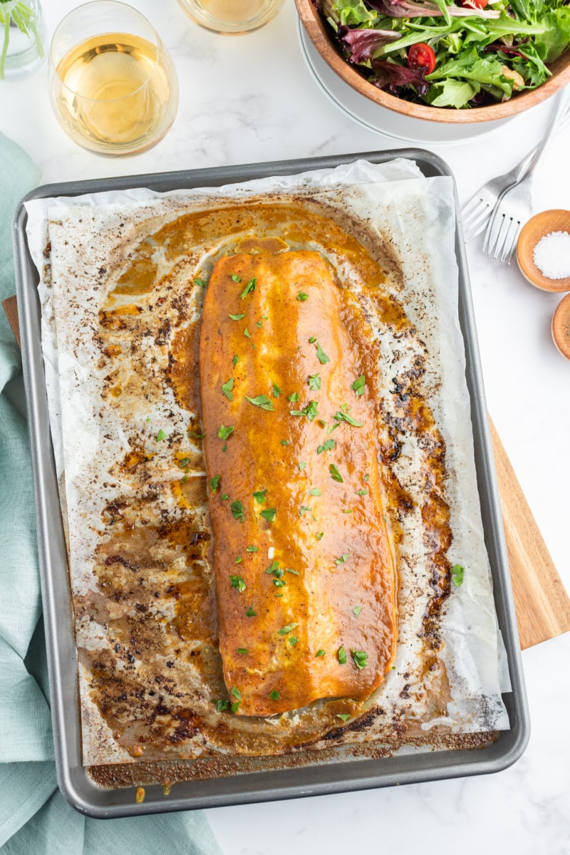 cooked salmon on a baking sheet