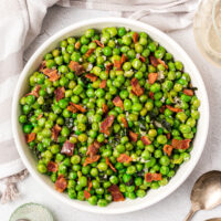 bowl of peas with basil and bacon