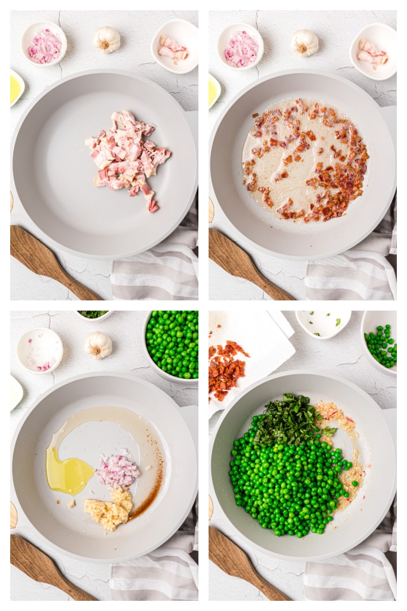 four photos showing how to make sauteed peas with basil and bacon in a skillet