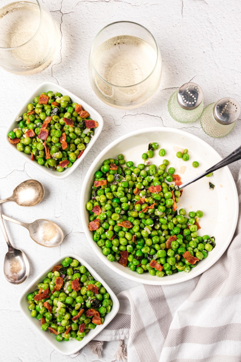 bowl of peas with basil and bacon and two individual servings
