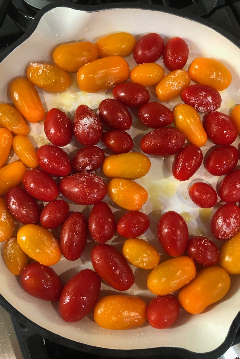 cherry tomatoes in a skillet