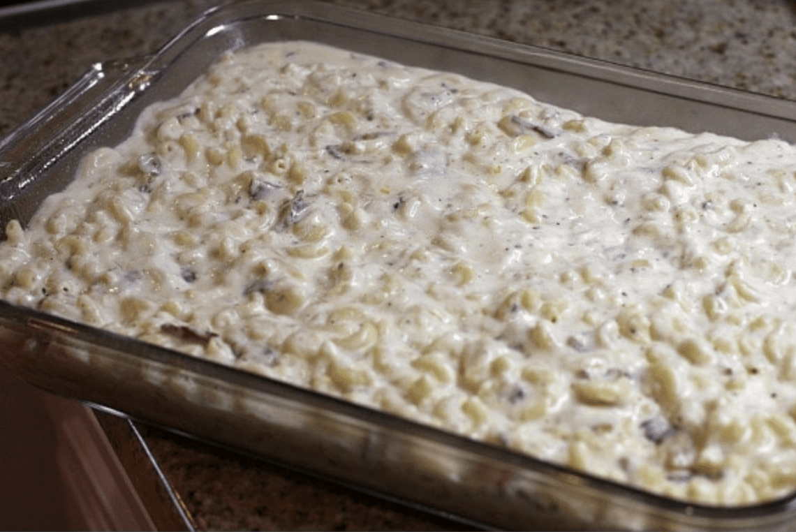 macaroni and cheese in pan ready for oven