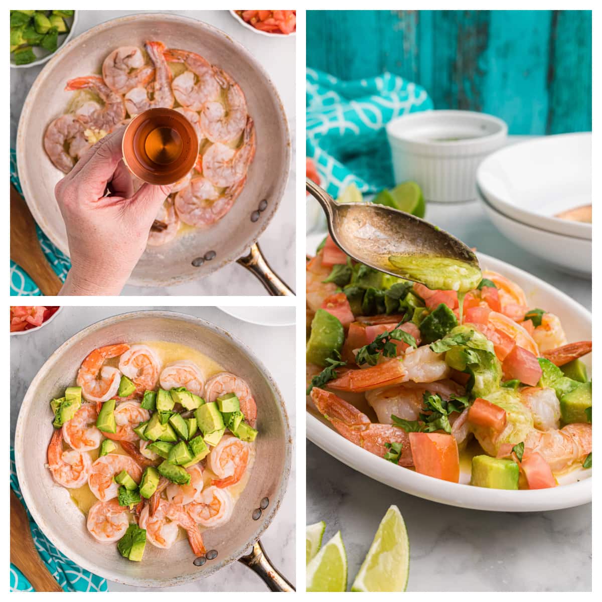 three photos sharing how to make shrimp mezcal