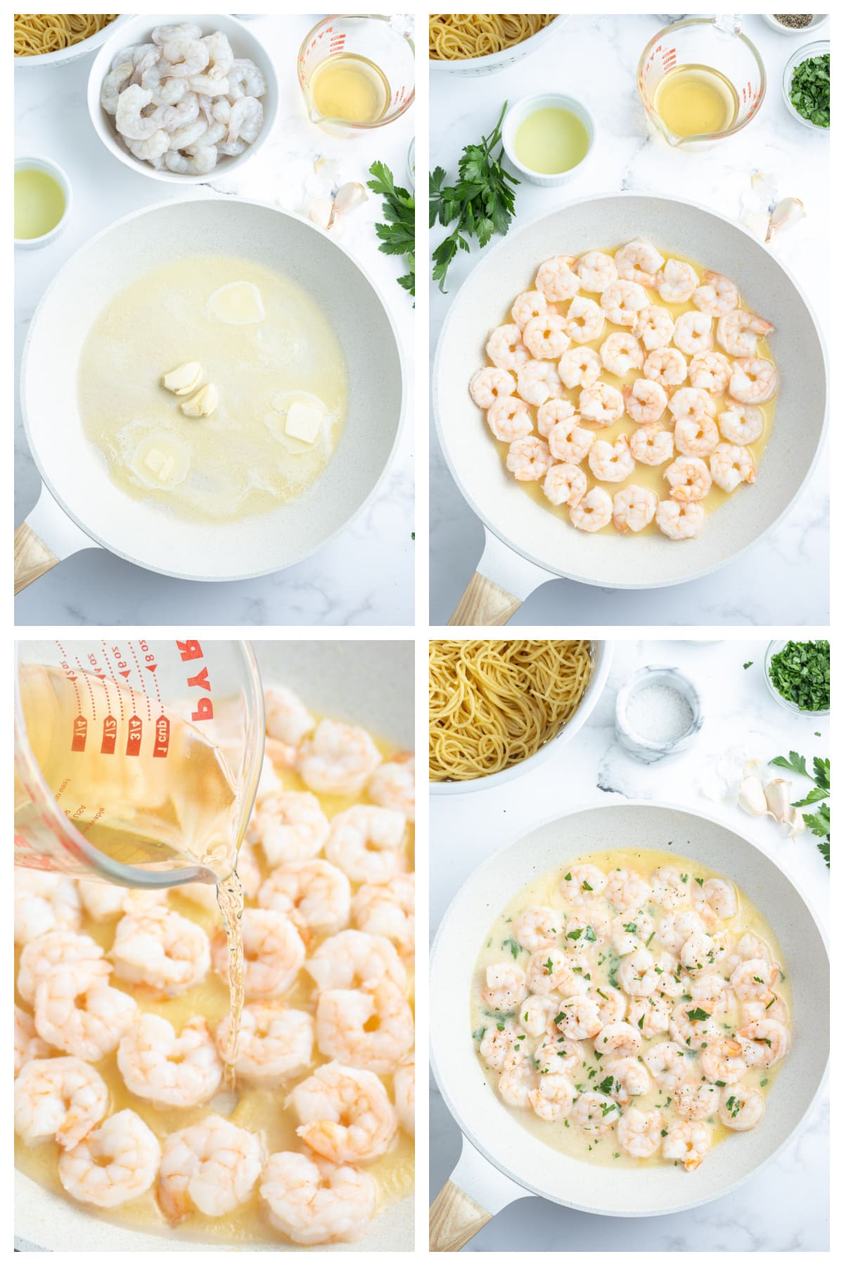 four photos for making shrimp scampi