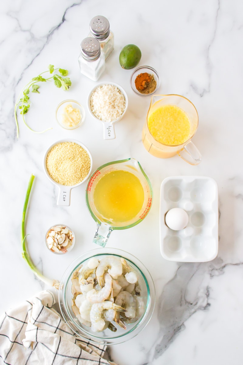 ingredients displayed for making shrimp with couscous and ginger orange sauce