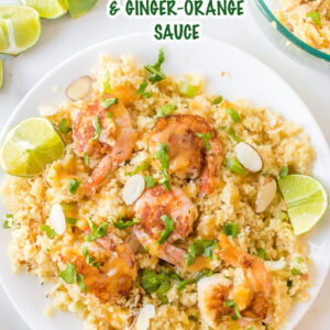 pinterest image for shrimp with couscous and ginger orange sauce