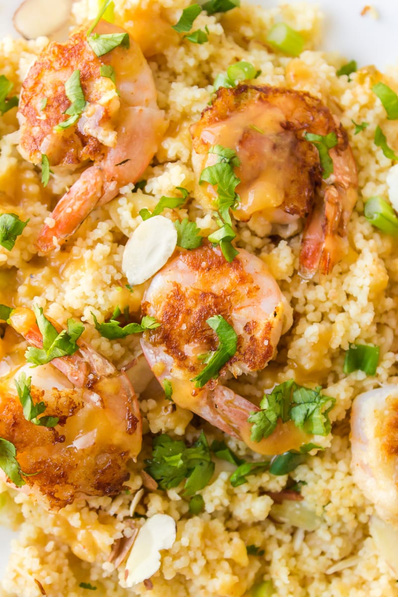 close up shrimp with couscous and ginger orange sauce