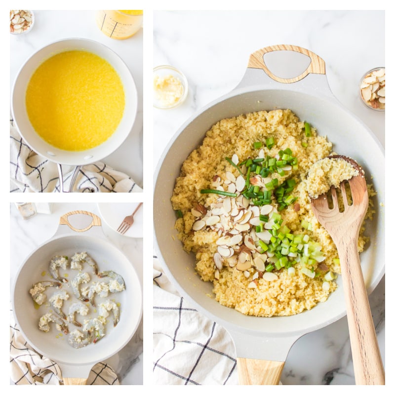 three photos showing assembly of making shrimp with couscous and orange ginger sauce