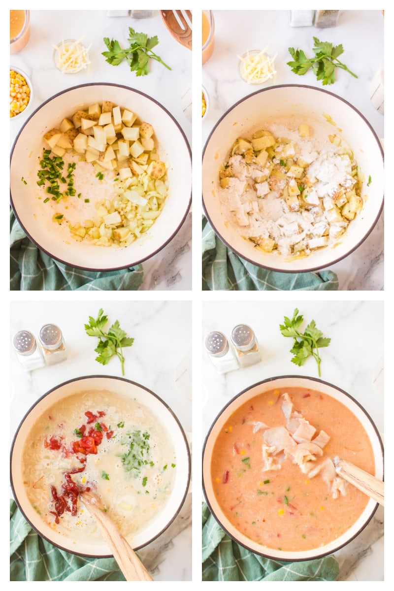four photos showing how to make chicken chowder