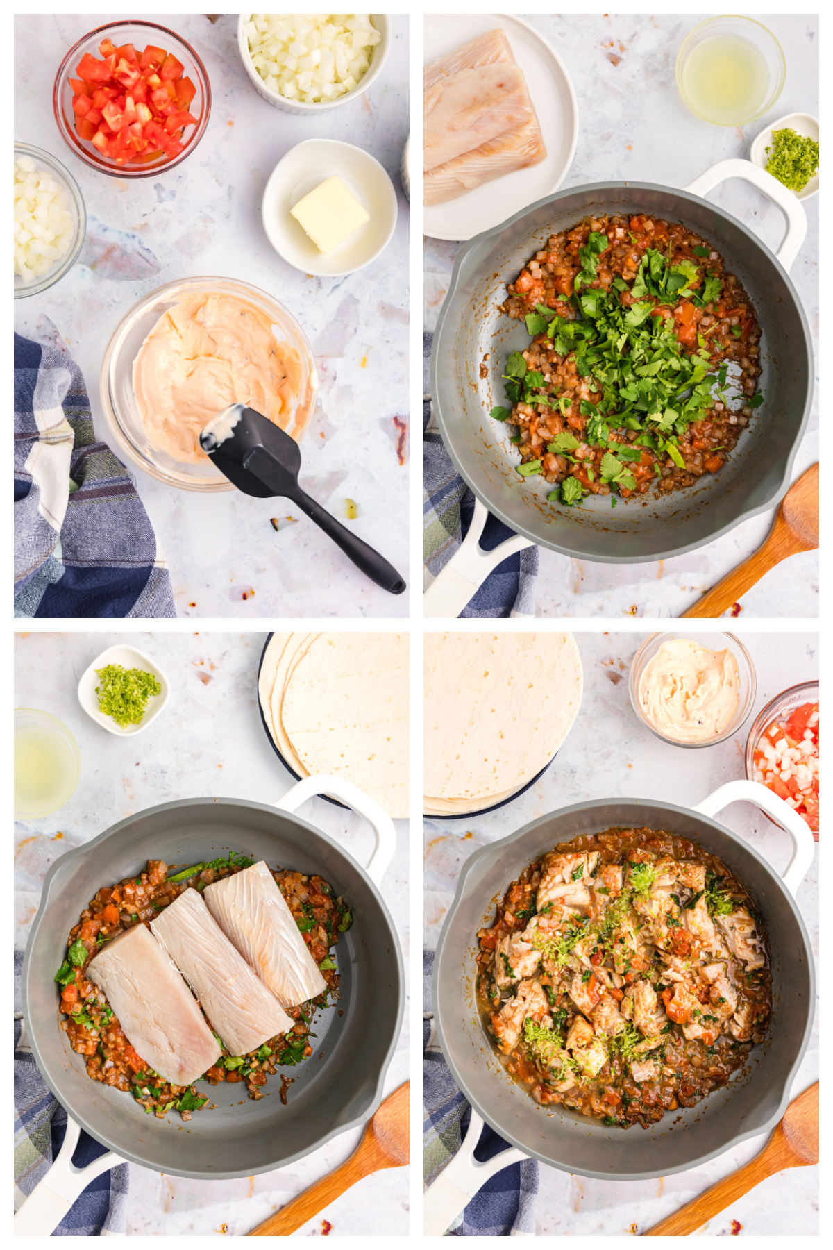 four photos showing how to make snapper tacos