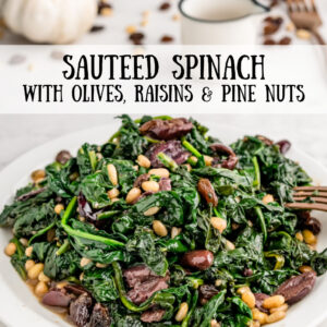 pinterest image for spinach with olives raisins and pine nuts