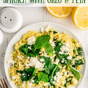 pinterest pin for spinach with orzo and feta