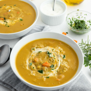 split pea soup in white bowls