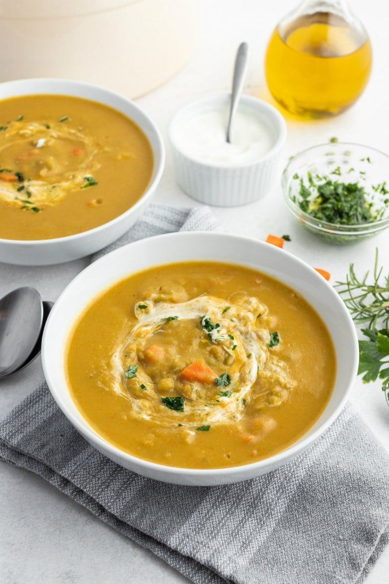 split pea soup in white bowls