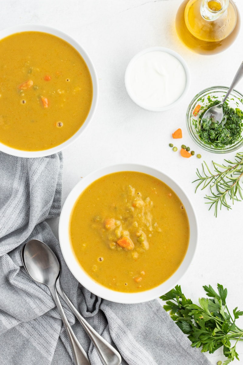 split pea soup in white bowls