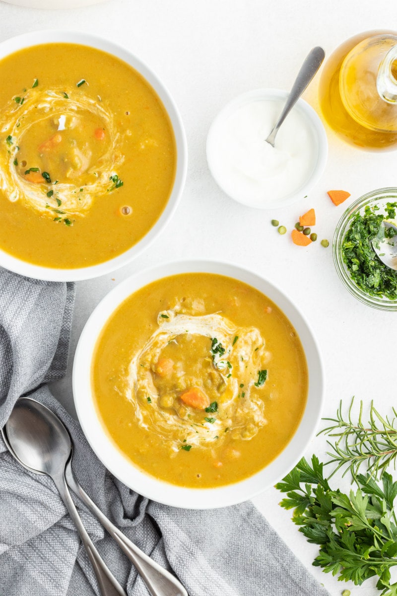 split pea soup in white bowls