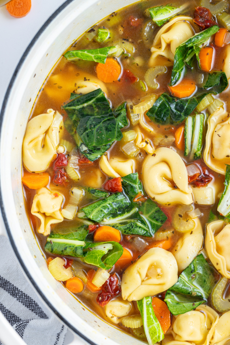 overhead shot of half a pot of sundried tomato tortellini soup