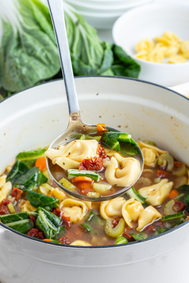 pot of sundried tomato tortellini soup with ladle full of soup too