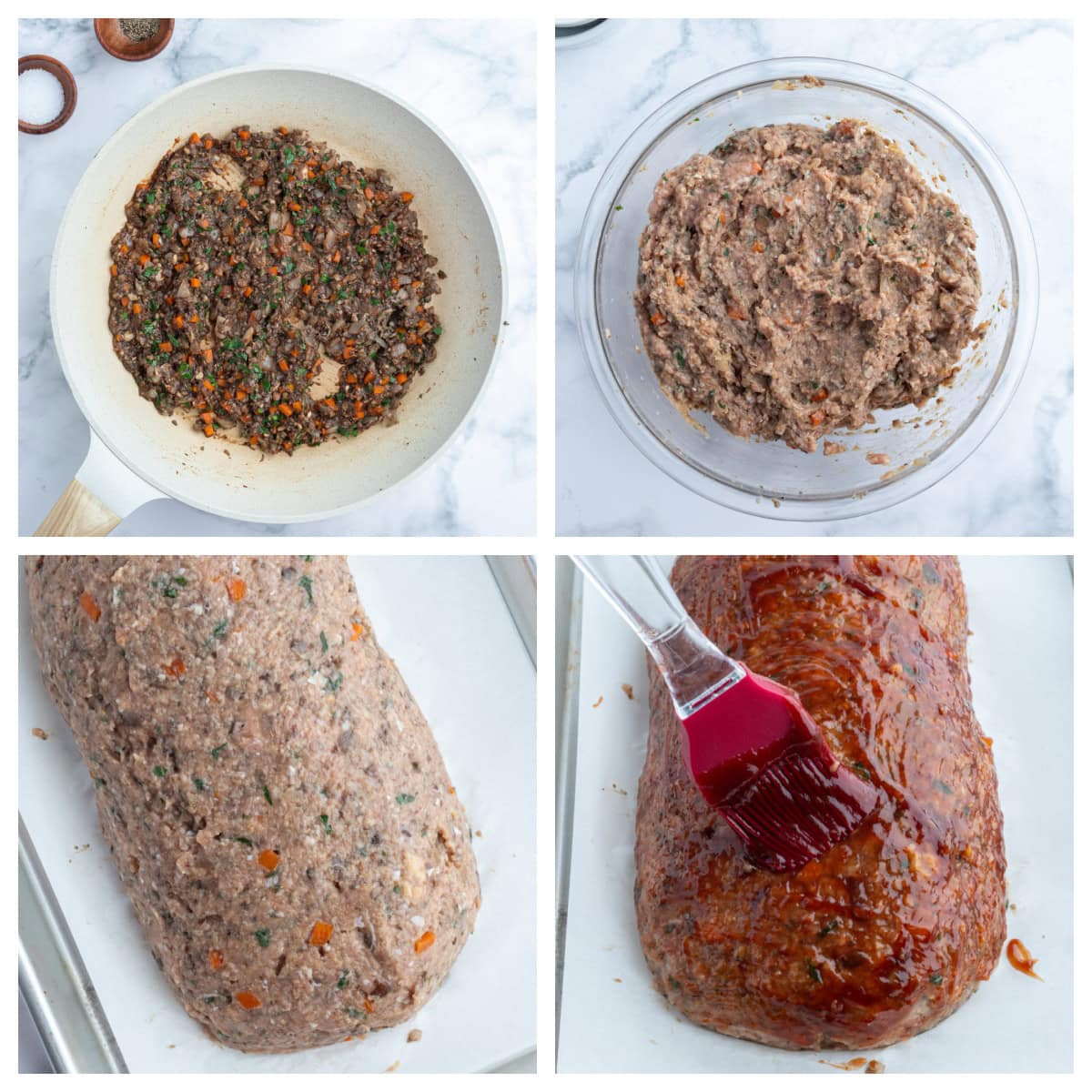 Moist Ground Turkey Meatloaf made with lean turkey, veggies, and BBQ sauce for flavor. Healthy, high protein, and never dry. Easy weeknight dinner recipe. four photos showing how to make ground turkey meatloaf