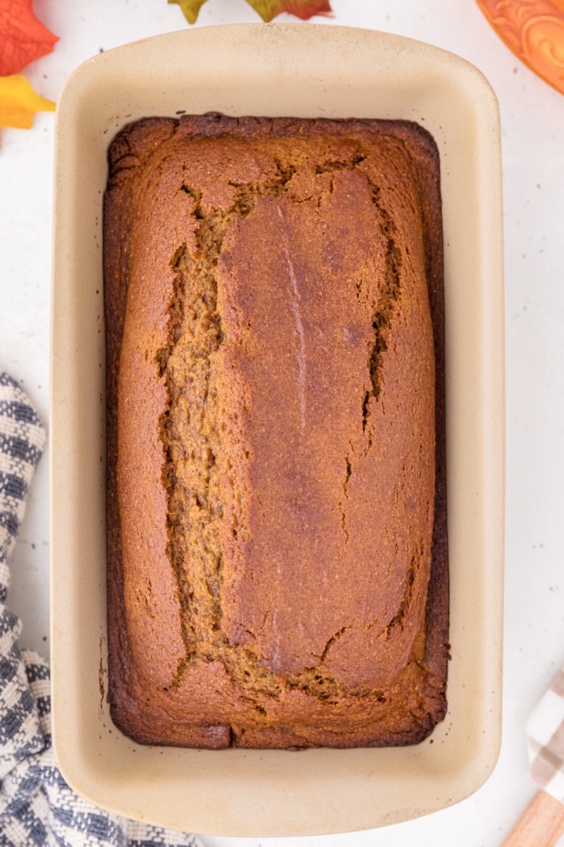 loaf of pumpkin bread in pan