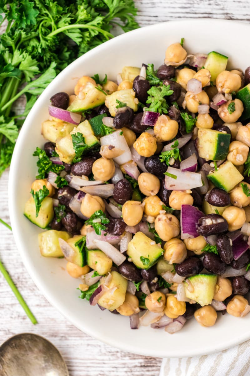 two bean salad in a white bowl