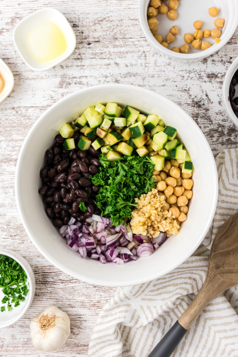 two bean salad ingredients in a bowl