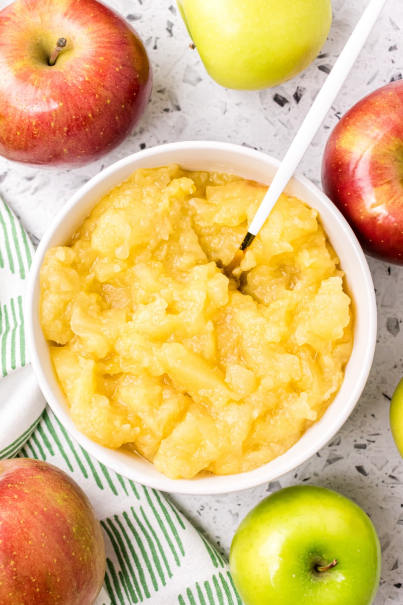 white bowl of applesauce with spoon