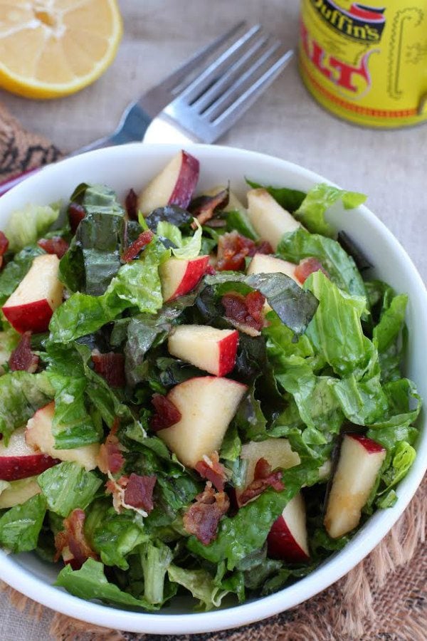Apple Bacon Salad recipe from RecipeGirl.com #apple #bacon #salad #recipe #RecipeGirl Apple Bacon Salad in a white bowl