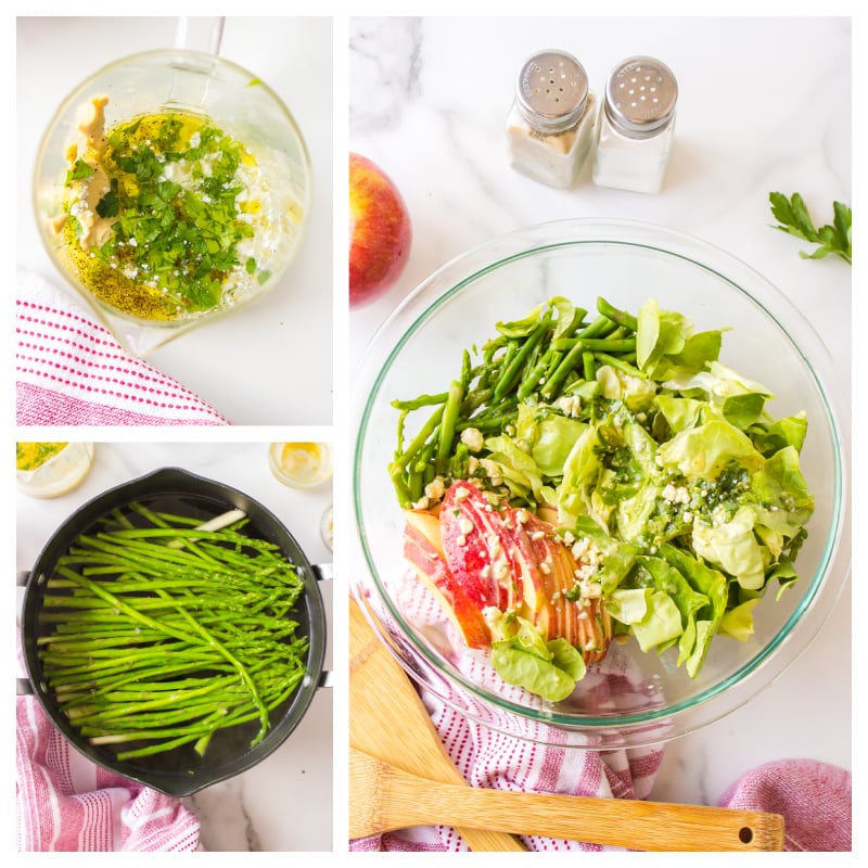 three photos showing how to make asparagus apple salad