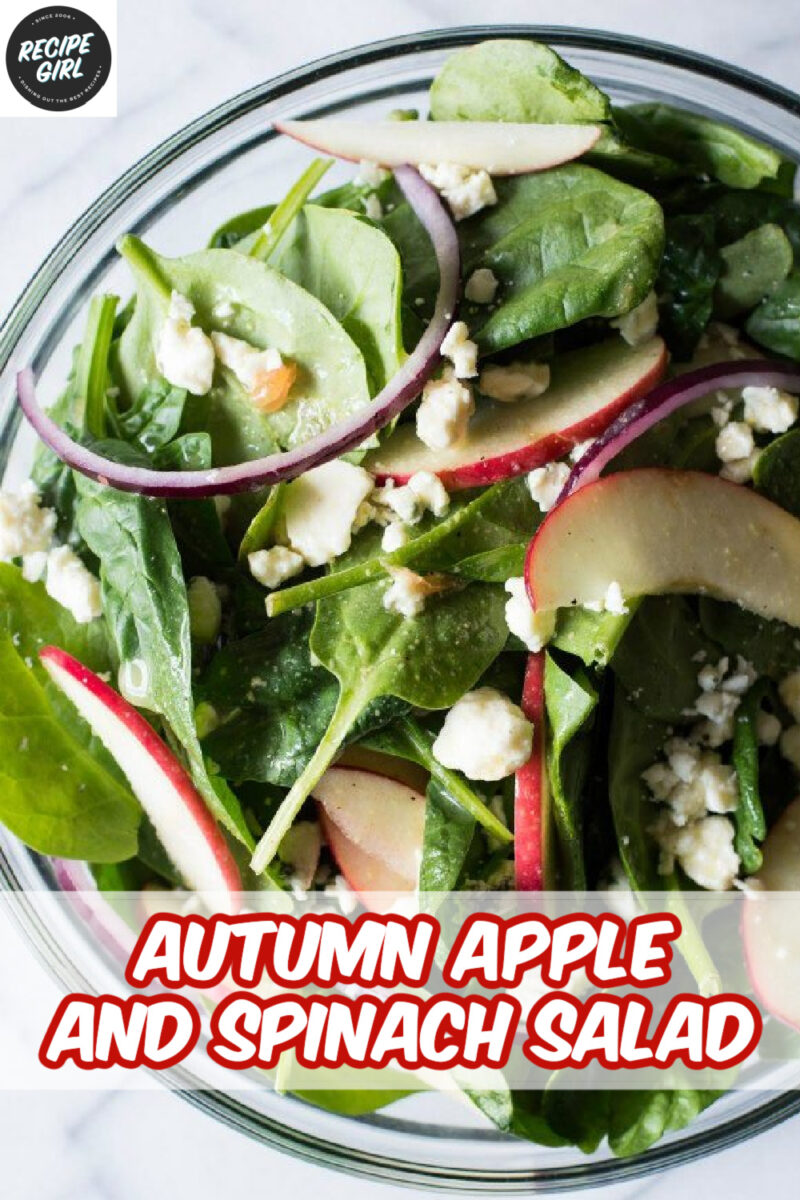 Autumn Salad recipe from RecipeGirl.com #autumn #salad #recipe #RecipeGirl pinterest image for autumn apple and spinach salad